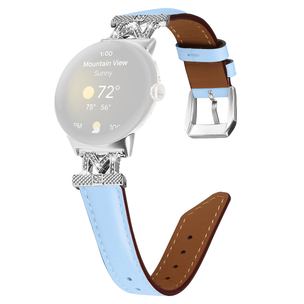 For Google Pixel Watch Pixel Watch 2 Silver Buckle Genuine Cowhide Leather Watch Strap with M Shape Rhinestone Decor For Google Pixel Watch Pixel Watch 2 Silver Buckle Genuine Cowhide Leather Watch Strap with M Shape Rhinestone Decor